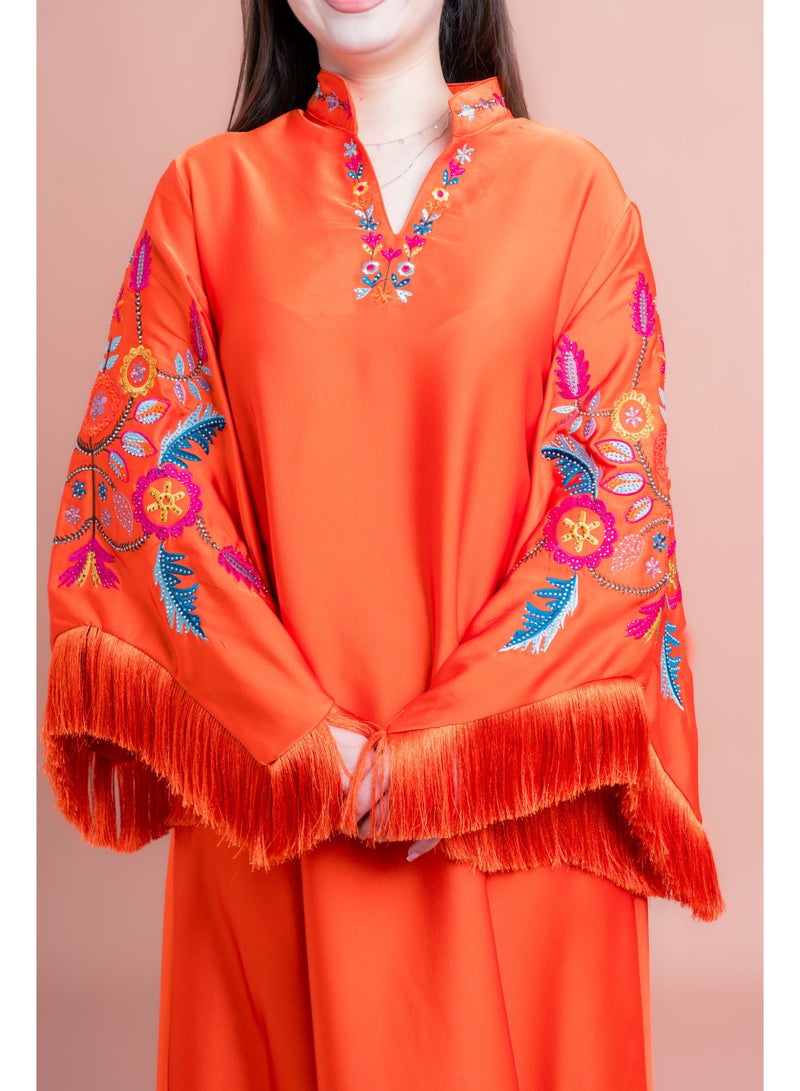 اكسا جلابية مطرزة بأكمام بتفاصيل لامعة أحمر - Image 2