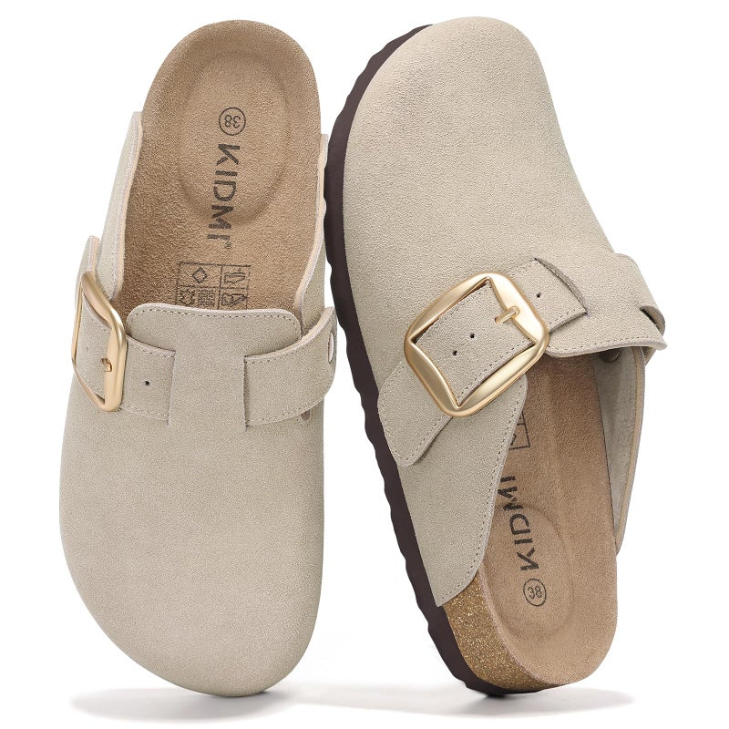 KIDMI Genuine Suede Clogs for Women Memory Foam Cork Footbed Potato Shoes Slip On Leather Mules with Big Buckle, Light Gray Size 8 (39)