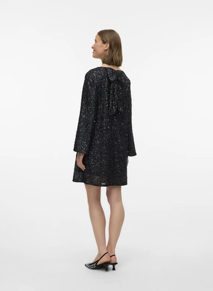VERO MODA Vmnaja Sequence Bow Detail Long Sleeve Mini Dress