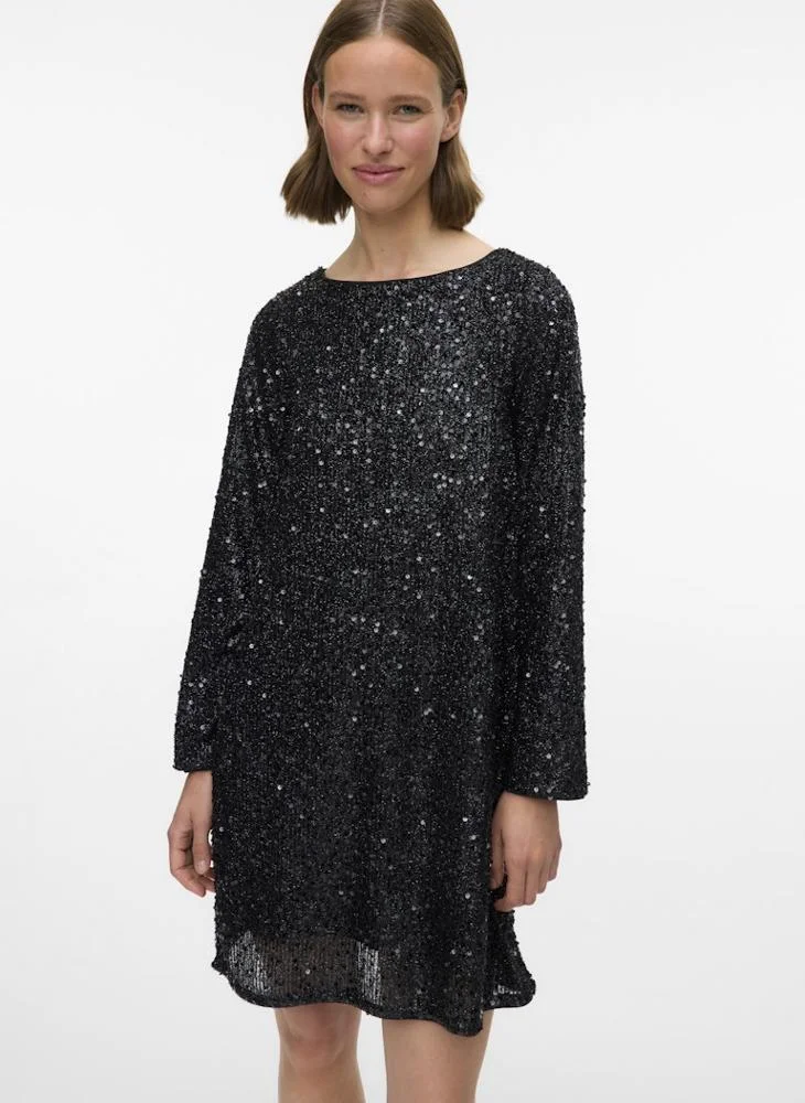 VERO MODA Vmnaja Sequence Bow Detail Long Sleeve Mini Dress