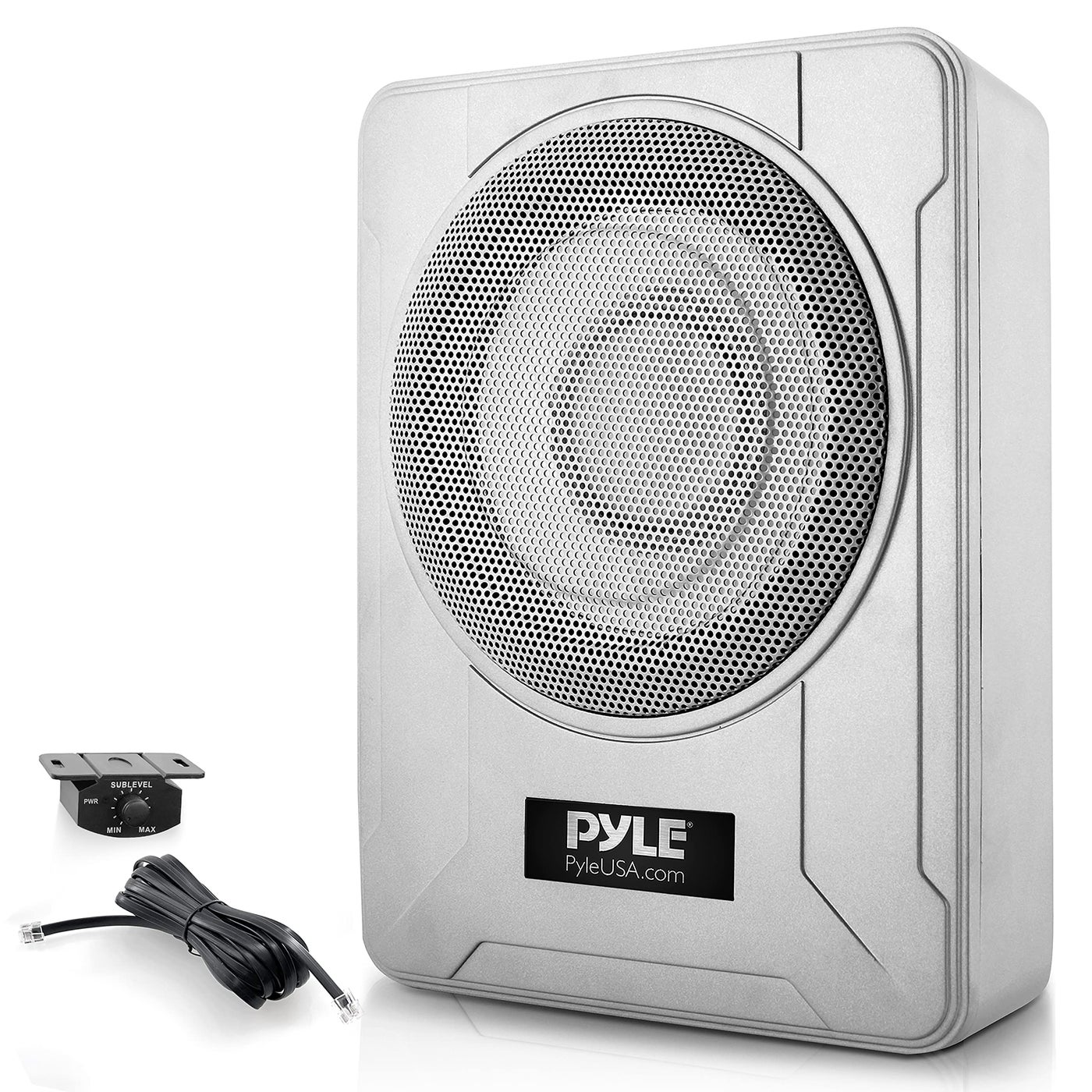 Pyle 8Inch LowProfile Amplified Subwoofer System 600 Watt Compact Enclosed Active Marine Underseat Car Subwoofer with Built in Amp Powered Car Subwoofer wLow High Level Inputs PLMRSBA8Silver