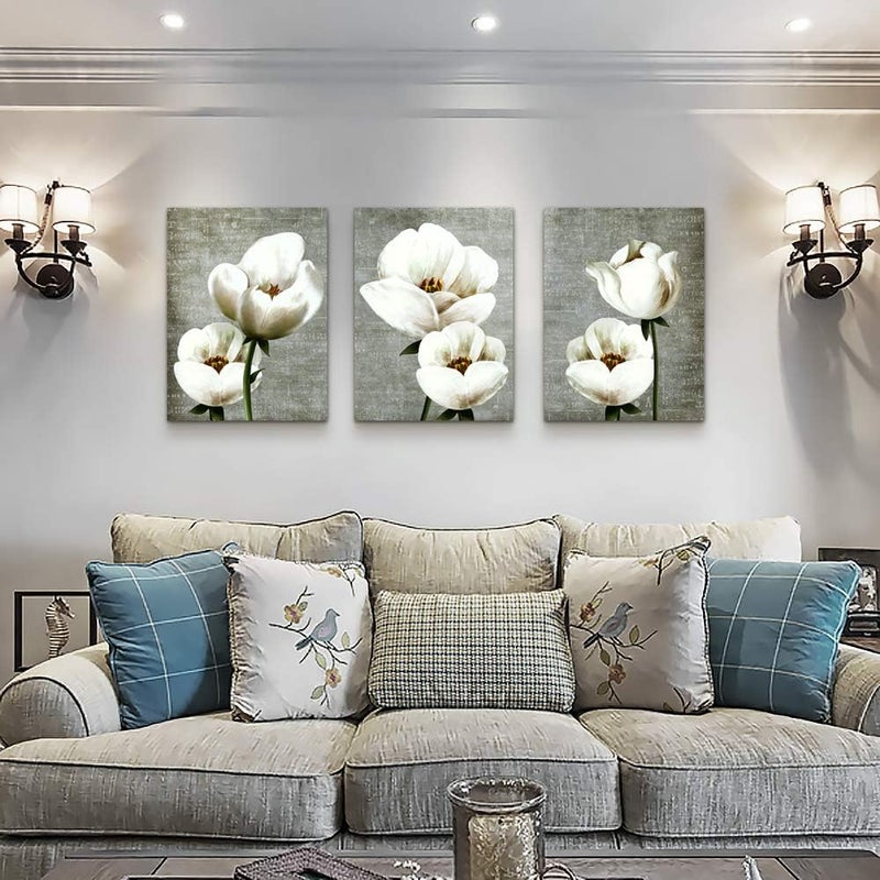 TTHYUEWS Large Wall Decor Living Room Canvas Wall Art For Bedroom Gray Green Vintage Style White Flowers Wall Painting Abstract Pictures Artwork Wall Decorations For Kitchen Modern Room Home Decor 3 Piece - Image 2