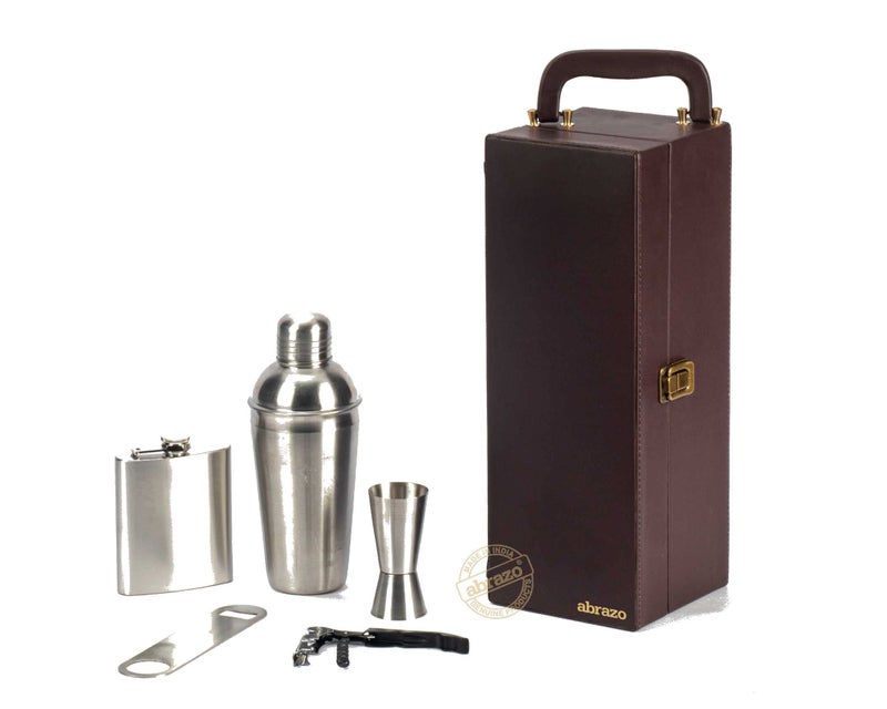 abrazo Mini Bar Set | Wine Set | Whiskey Bar Set | Bar Accessories | Bar Tool Set | Brown - Image 3