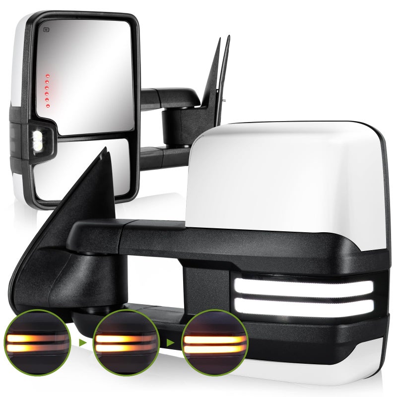 SIZIOM Switchback Towing Mirrors for 20032007 Chevy Silverado GMC Sierra Side Mirror with Dynamic Turn Signal Running Light Backup Lamp Power Heated Extendable Pair SetPaint White