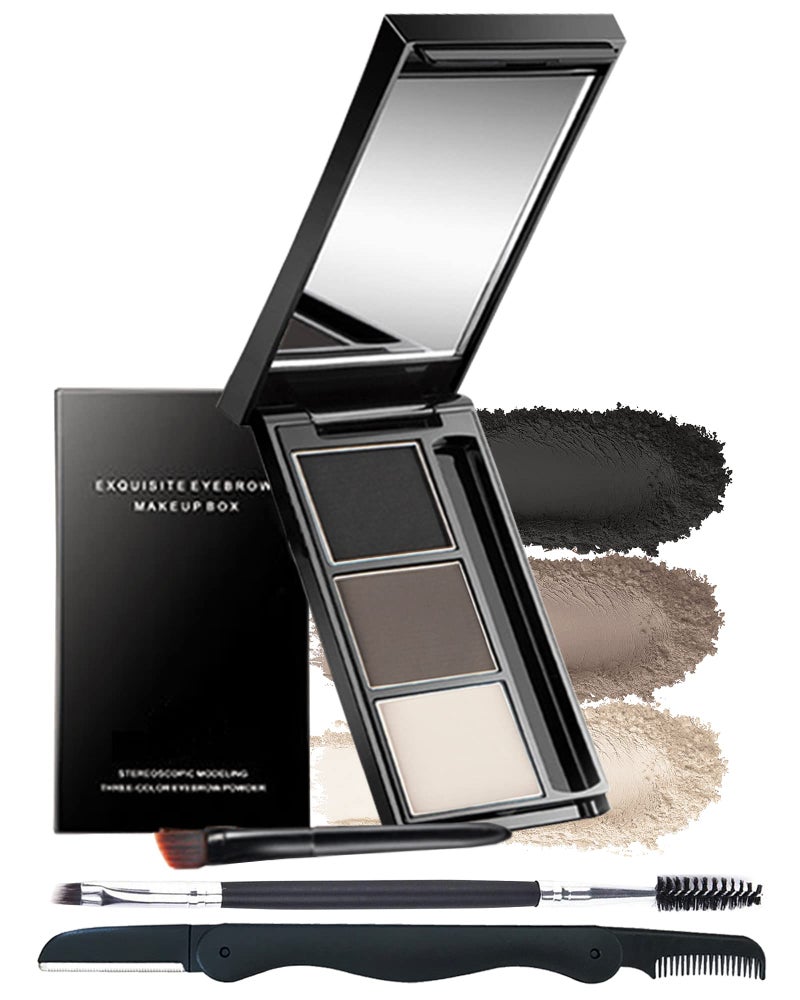 LYSdefeu Eyebrow Powder Makeup Kit3 Colors Eye Brow Powder Palette LongLasting Waterproof Black Brown Series Brow Powder Fill Sculpt Full Eyebrows for Women With Mirror Brow Brush RazorSet 01 - Image 3