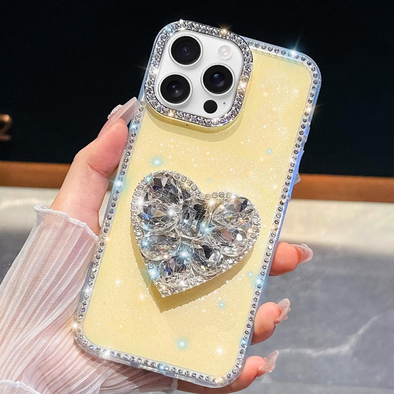 erorex For iPhone 16 Pro Max Diamond Glitter Gemstone  Holder Phone Case(Light Yellow) - Image 1