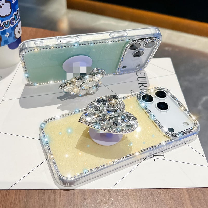 erorex For iPhone 16 Pro Max Diamond Glitter Gemstone  Holder Phone Case(Light Yellow) - Image 2
