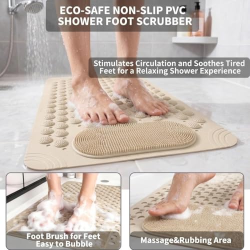 JUGTE Non Slip Rubber Bath Mat for Bathroom Floor with Foot Scrubber, Waterproof Anti Skid Shower Mat with Drain Holes & Suction Cups, Soft Massage Foot Mat for Home, Kitchen, Bathroom(70x35Cm,Beige) - Image 3