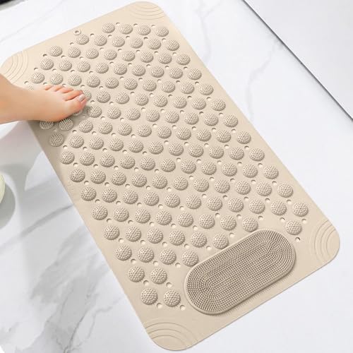 JUGTE Non Slip Rubber Bath Mat for Bathroom Floor with Foot Scrubber, Waterproof Anti Skid Shower Mat with Drain Holes & Suction Cups, Soft Massage Foot Mat for Home, Kitchen, Bathroom(70x35Cm,Beige) - Image 1