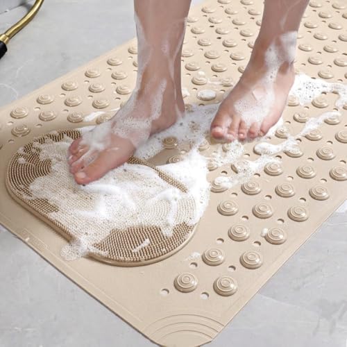 JUGTE Non Slip Rubber Bath Mat for Bathroom Floor with Foot Scrubber, Waterproof Anti Skid Shower Mat with Drain Holes & Suction Cups, Soft Massage Foot Mat for Home, Kitchen, Bathroom(70x35Cm,Beige) - Image 2