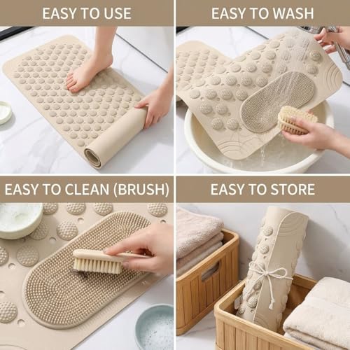 JUGTE Non Slip Rubber Bath Mat for Bathroom Floor with Foot Scrubber, Waterproof Anti Skid Shower Mat with Drain Holes & Suction Cups, Soft Massage Foot Mat for Home, Kitchen, Bathroom(70x35Cm,Beige) - Image 4