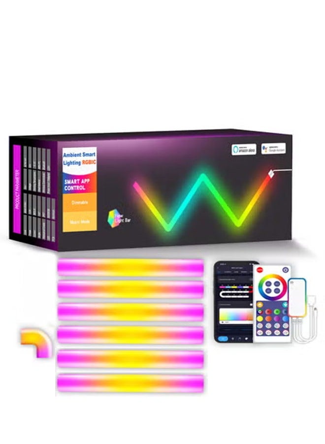 فورتي مصابيح حائط LED RGB-IC مع مزامنة الموسيقى - نظام صوتي ذكي، إضاءة محيطة للمنزل الذكي، أكثر من 358 تأثيرًا ديناميكيًا، تحكم عن بعد وتحكم بالقدم، سهلة التركيب لديكور المنزل (عبوة من 6 قطع + موصلات زاوية) - Image 1