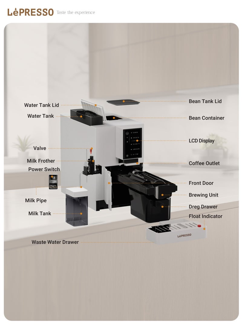 ليبرسو ماكينة قهوة بريفيسيمو أوتوماتيكية مع تطبيق جوال وشاشة رقمية / مضخة إيطالية 19 بار / مطحنة قابلة للتعديل / الكل في واحد لصنع الإسبريسو واللاتيه والكابتشينو / غلاية مزدوجة / سعة خزان الحليب 300 مل - أبيض - Image 2