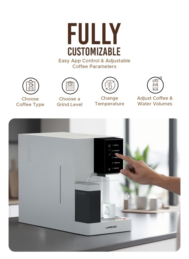LePRESSO Brevissimo Automatic Coffee Machine With Mobile App & Digital Display / 19 Bar Italian Pump / Adjustable Grinder / All in One Make Espresso, Latte & Cappuccino / Dual Boiler / Milk Tank Capacity 300ml - White - Image 4