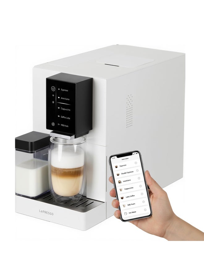 ليبرسو دستگاه قهوه ساز تمام اتوماتیک از دانه قهوه به فنجان، دستگاه اسپرسو ساز با کف شیر داخلی، صفحه نمایش لمسی، قهوه ساز با پمپ ایتالیایی ۱۹ بار، اپلیکیشن موبایل، ظرفیت آب ۱.۲ لیتر، ۱۴۸۰ وات، خانگی/اداری - سفید - Image 1