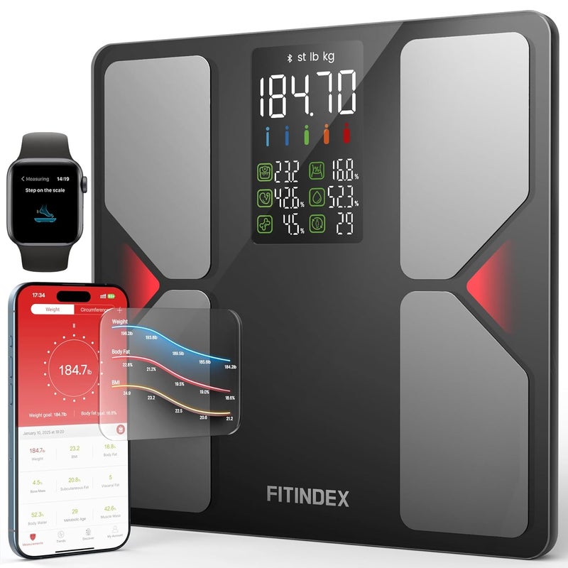 FITINDEX ميزان FITINDEX الذكي لوزن الجسم وBMI ودهون الجسم وكتلة العضلات دقيق للغاية ميزان بلوتوث مع شاشة كبيرة 13 محلل تركيب الجسم مزامنة تطبيق 500 رطل 118 - Image 1