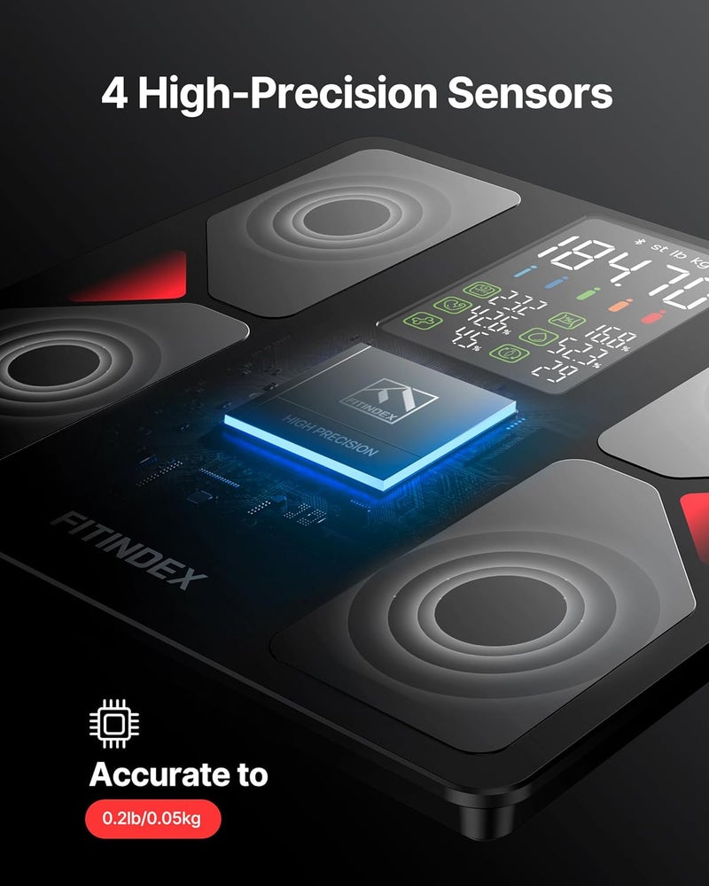 FITINDEX ميزان FITINDEX الذكي لوزن الجسم وBMI ودهون الجسم وكتلة العضلات دقيق للغاية ميزان بلوتوث مع شاشة كبيرة 13 محلل تركيب الجسم مزامنة تطبيق 500 رطل 118 - Image 5