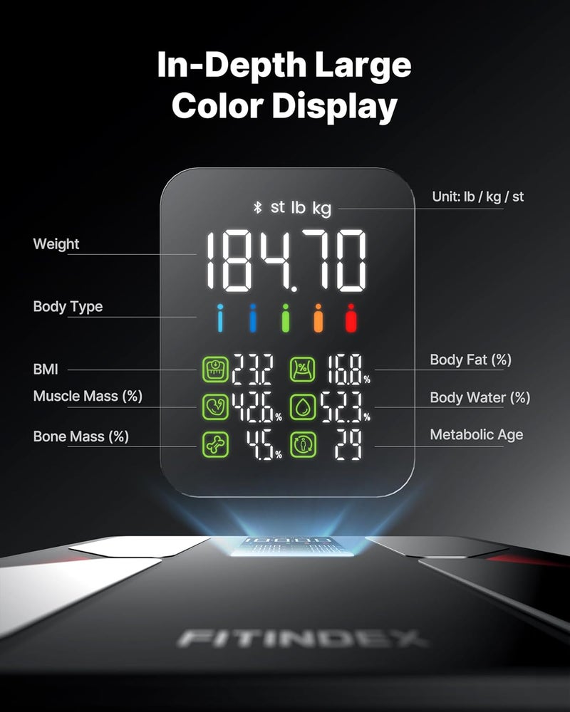 FITINDEX ميزان FITINDEX الذكي لوزن الجسم وBMI ودهون الجسم وكتلة العضلات دقيق للغاية ميزان بلوتوث مع شاشة كبيرة 13 محلل تركيب الجسم مزامنة تطبيق 500 رطل 118 - Image 2