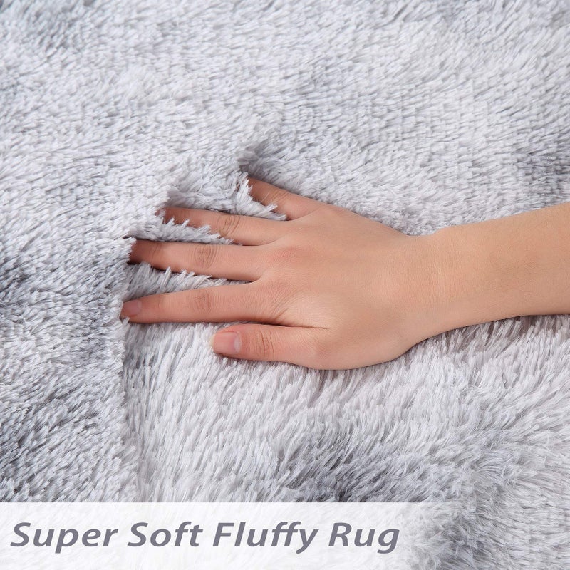 CAROMIO Fluffy Area Rugs for Living Room 9' x 12' Modern Plush and Thick Faux Fur Shag Rug Non-Slip Tie Dye Carpet for Bedroom, Fuzzy Shaggy Rugs for Kids Nursery Dorm, Light Grey - Image 3
