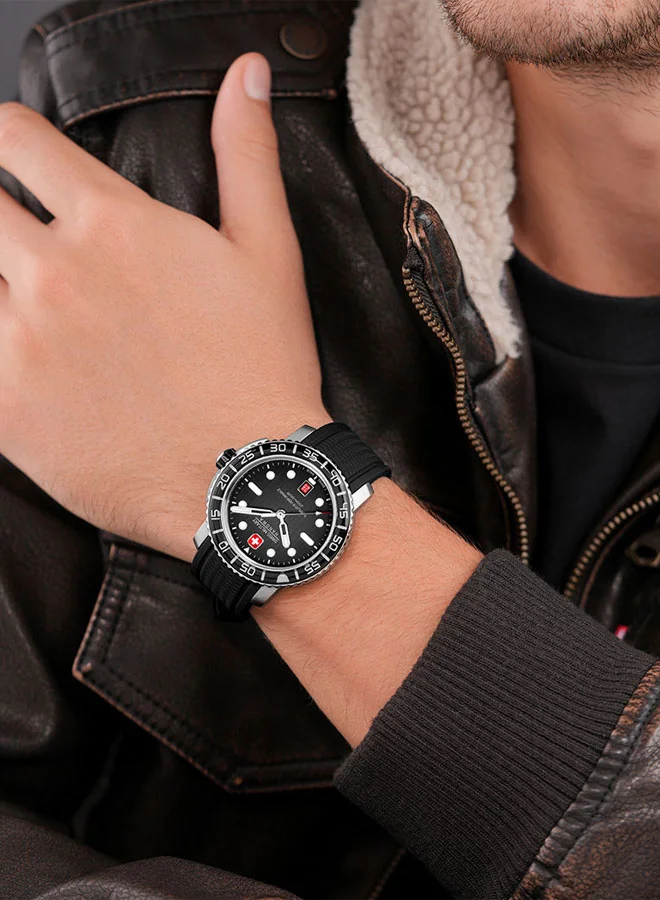 سويس ميليتري هانوا Swiss Military Black Marlin Watch For Men With Black Silicone Strap 44mm 20ATM - SMWGN0001701