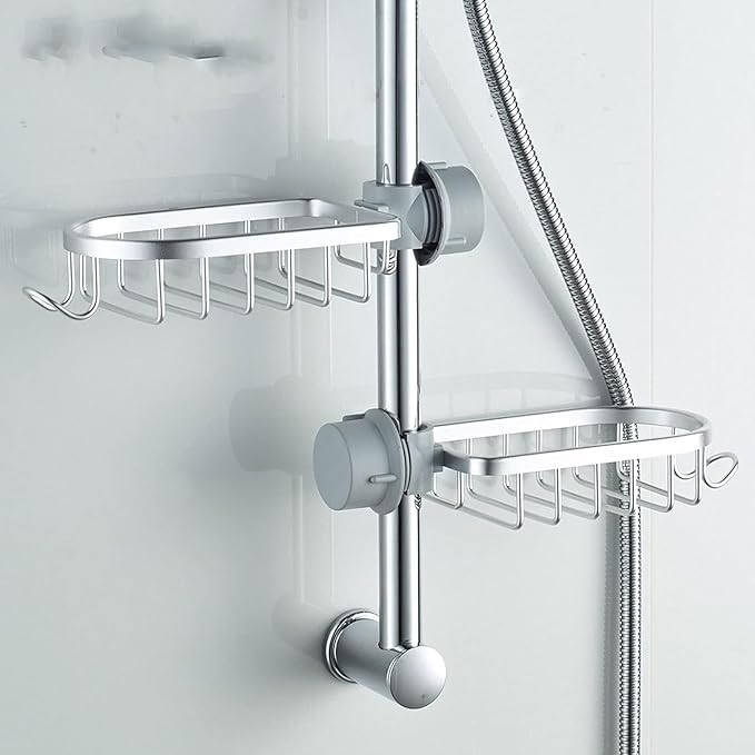 Jukkre Jukkre Toilet Storage Rack Without Punching Bathroom Storage Rack Toilet Waterproof Paste Shelf Place Shampoo and Shower Gel Shelf Drain Rack with Soap Holder Storage Basket Silver  - Image 2