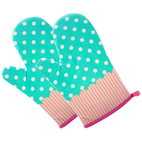 GreenFist Set of Two Oven Mitts | Heat Resistant Cotton Kitchen Pot Holder | Oven Glove | Kitchen Mitts (Dotted Blue) - Image 1