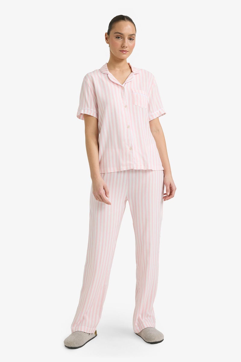 DeFacto Pink Woman Regular Fit Striped Top Bottom 2 Piece Pajama Set Casual - Image 1