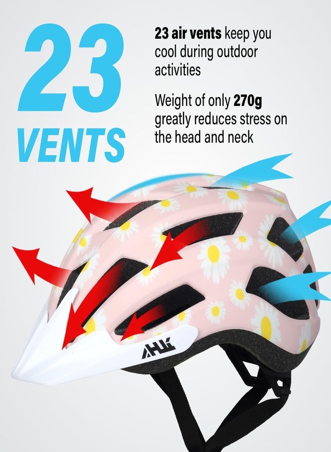 Anharluka Youth Girl Road Bike Helmet, Men Women Adjustable Mountain Bicycle Helmet with Detachable Visor, 2 Sizes for Age 8-14+ Youth, Kids, Adult (Pink Daisy, M) - Image 4