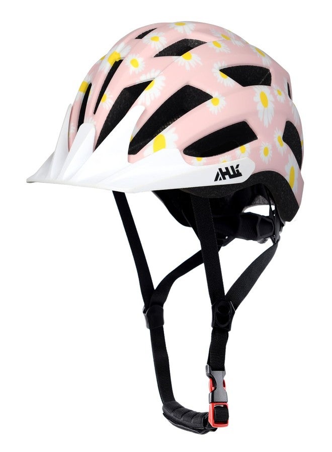 Anharluka Youth Girl Road Bike Helmet, Men Women Adjustable Mountain Bicycle Helmet with Detachable Visor, 2 Sizes for Age 8-14+ Youth, Kids, Adult (Pink Daisy, M) - Image 1