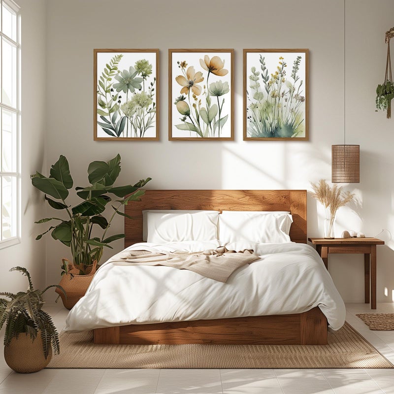 Joocrise Sage Green Botanical Wall Art Boho Floral Wall Decor Minimalist Plant Canvas Pictures Flower Botanical Prints Watercolor Wildflower Poster Painting for Bathroom Bedroom 12x16x3 Inch Wood Frame - Image 4