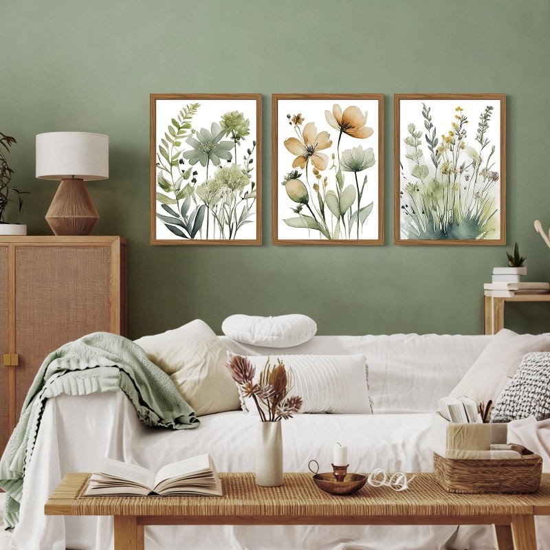 Joocrise Sage Green Botanical Wall Art Boho Floral Wall Decor Minimalist Plant Canvas Pictures Flower Botanical Prints Watercolor Wildflower Poster Painting for Bathroom Bedroom 12x16x3 Inch Wood Frame - Image 5