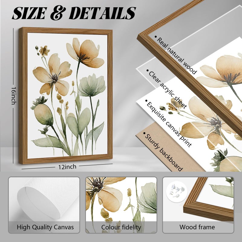 Joocrise Sage Green Botanical Wall Art Boho Floral Wall Decor Minimalist Plant Canvas Pictures Flower Botanical Prints Watercolor Wildflower Poster Painting for Bathroom Bedroom 12x16x3 Inch Wood Frame - Image 2