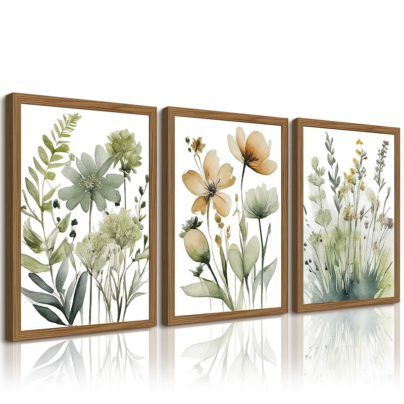 Joocrise Sage Green Botanical Wall Art Boho Floral Wall Decor Minimalist Plant Canvas Pictures Flower Botanical Prints Watercolor Wildflower Poster Painting for Bathroom Bedroom 12x16x3 Inch Wood Frame - Image 1
