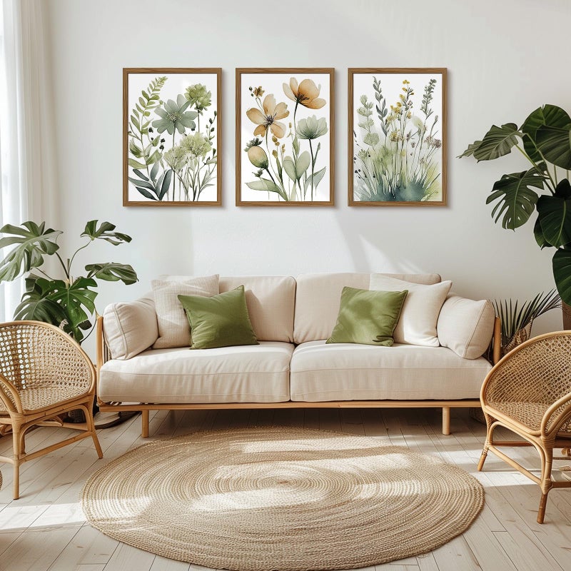 Joocrise Sage Green Botanical Wall Art Boho Floral Wall Decor Minimalist Plant Canvas Pictures Flower Botanical Prints Watercolor Wildflower Poster Painting for Bathroom Bedroom 12x16x3 Inch Wood Frame - Image 3