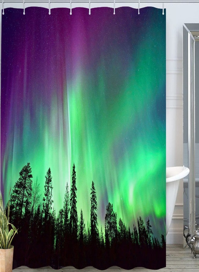 JOOCAR Shower Curtain Purple Green Northern Lights Aurora Borealis Forests Fabric Bathroom Decor Set with Hooks - Image 2