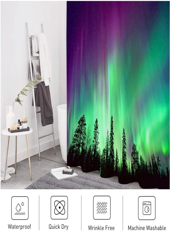 JOOCAR Shower Curtain Purple Green Northern Lights Aurora Borealis Forests Fabric Bathroom Decor Set with Hooks - Image 4
