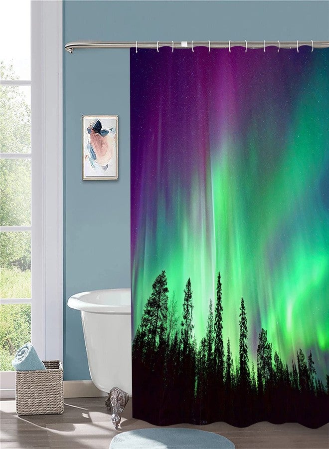 JOOCAR Shower Curtain Purple Green Northern Lights Aurora Borealis Forests Fabric Bathroom Decor Set with Hooks - Image 3