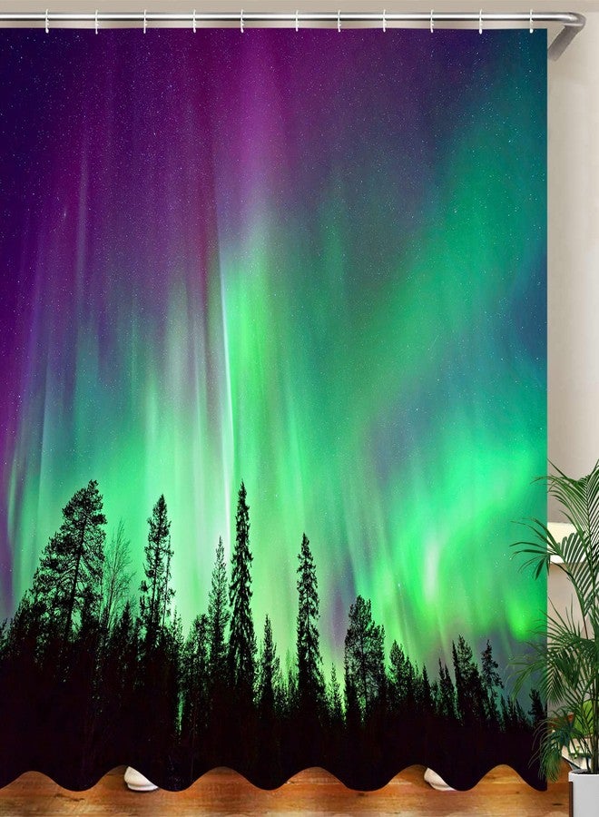 JOOCAR Shower Curtain Purple Green Northern Lights Aurora Borealis Forests Fabric Bathroom Decor Set with Hooks - Image 5