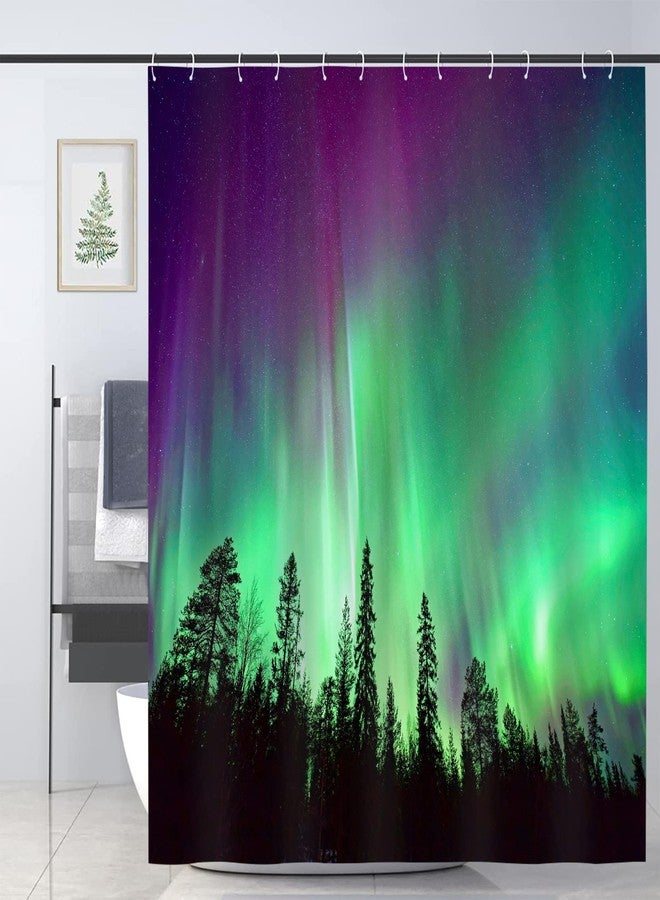 JOOCAR Shower Curtain Purple Green Northern Lights Aurora Borealis Forests Fabric Bathroom Decor Set with Hooks - Image 1