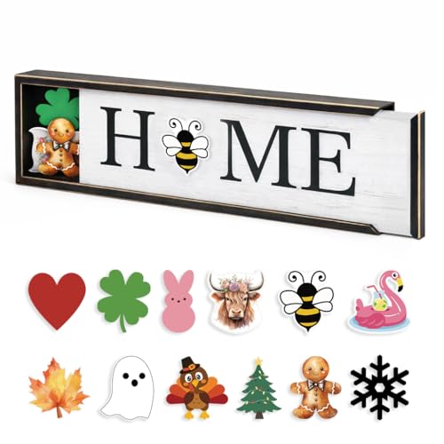 nuvagiki Interchangeable Seasonal Home Sign with 12 Icons, Farmhouse Wooden Table Decor, Rustic Tiered Tray Decorations for Holidays, Spring Summer Fall Christmas Home Decor - Image 1