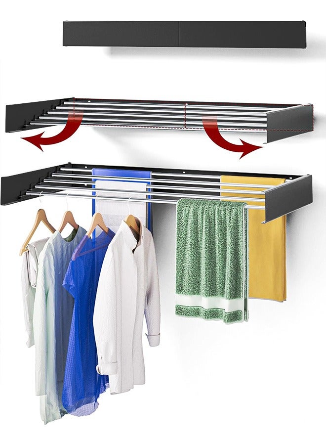 Arabest Laundry Drying Rack Collapsible, Wall Mounted Drying Rack, Clothes Drying Rack, Retractable Drying Rack, 5 Aluminum Rods, 60 lb Capacity, for Indoor & Outdoor Organization (Black) - Image 1