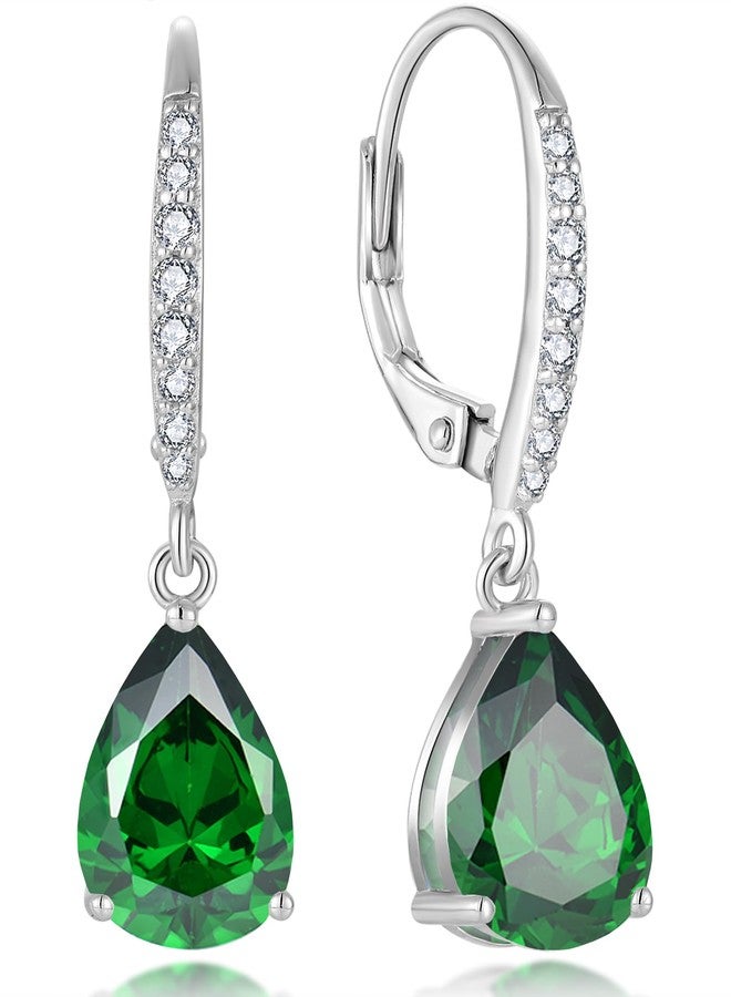 YL Emerald Green Teardrop Dangle Earrings for Women, Solid 925 Sterling Silver 18K White Gold Plated Pear Cut Created Birthstone Halo Leverback Jewelry Gifts - Image 1