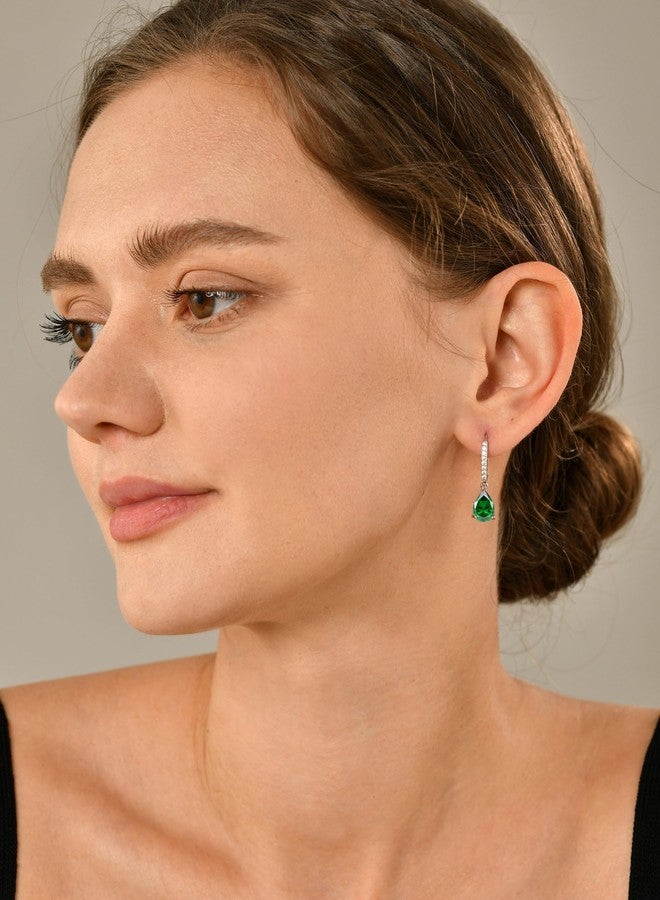 YL Emerald Green Teardrop Dangle Earrings for Women, Solid 925 Sterling Silver 18K White Gold Plated Pear Cut Created Birthstone Halo Leverback Jewelry Gifts - Image 2
