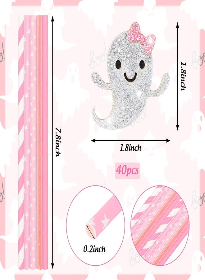 JarThenaAMCS جرثينا إيه إم سي إس 40 قطعة مصاصات ورقية وردية لهالوين مع شبح لامع لطيف مصاصات شرب قابلة للتخلص منها مصاصات زخرفية مخيفة لوازم الحفلات - Image 2