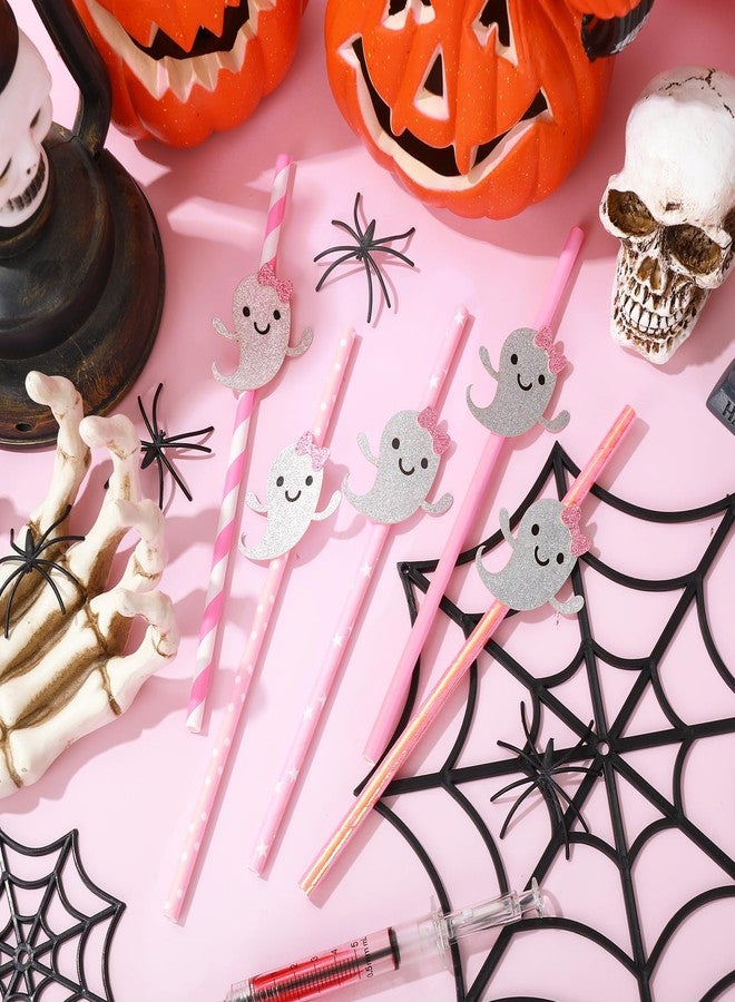 JarThenaAMCS جرثينا إيه إم سي إس 40 قطعة مصاصات ورقية وردية لهالوين مع شبح لامع لطيف مصاصات شرب قابلة للتخلص منها مصاصات زخرفية مخيفة لوازم الحفلات - Image 3