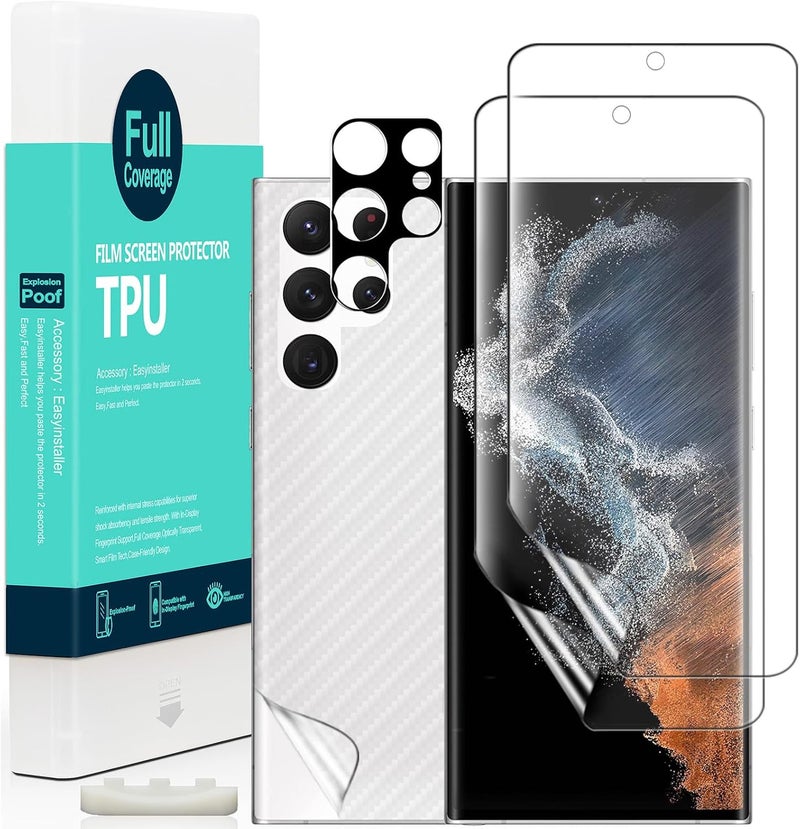 Ibywind [Pack of 2] Samsung Galaxy S22 Ultra 5G Screen protector (6.8 Inch) with Camer lens protector and Back Carbon Fiber Film,Bubble-Free,Smart Film Tech,99% HD Clear,Easy to install - Image 1