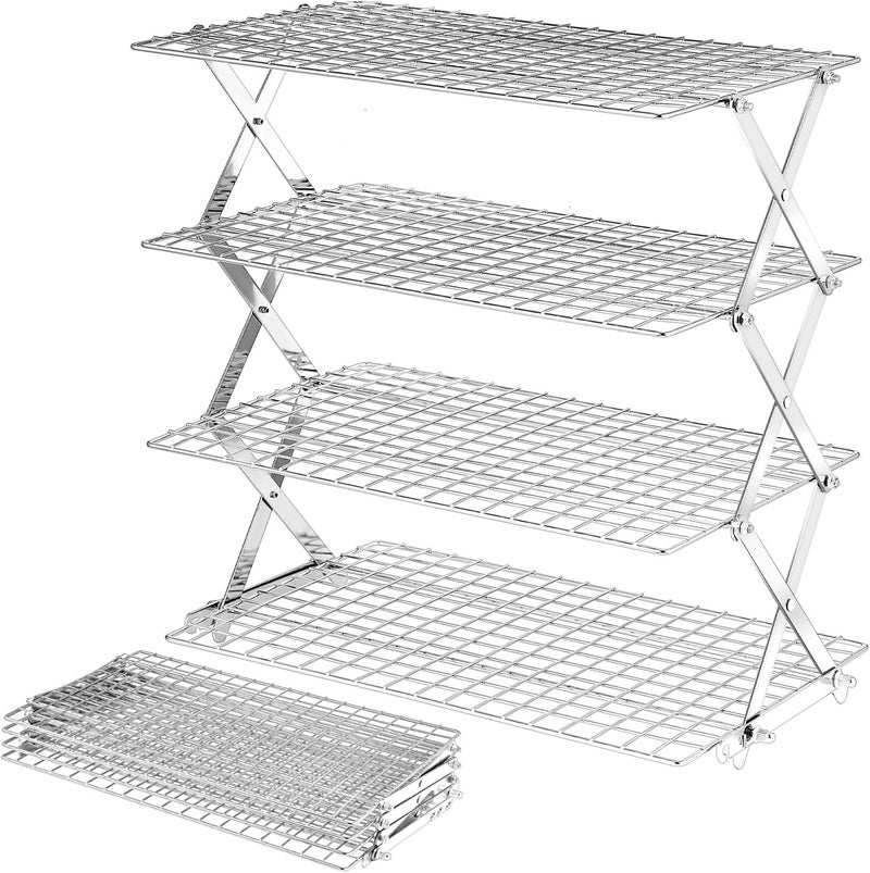 BEWOS 4 Tier Collapsible Cooling Rack - Adjustable Stainless Steel Baking Rack with Leak-Proof Mesh, X-Shaped Structure Cooling Rack for Cooking and Baking, Dishwasher Safe - Image 1