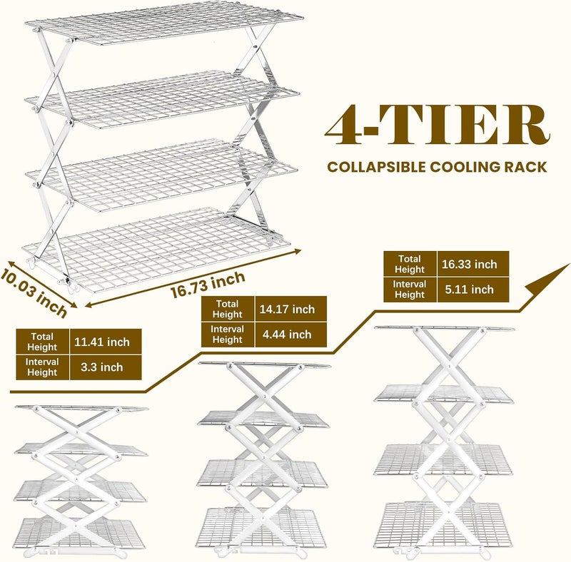 BEWOS 4 Tier Collapsible Cooling Rack - Adjustable Stainless Steel Baking Rack with Leak-Proof Mesh, X-Shaped Structure Cooling Rack for Cooking and Baking, Dishwasher Safe - Image 2