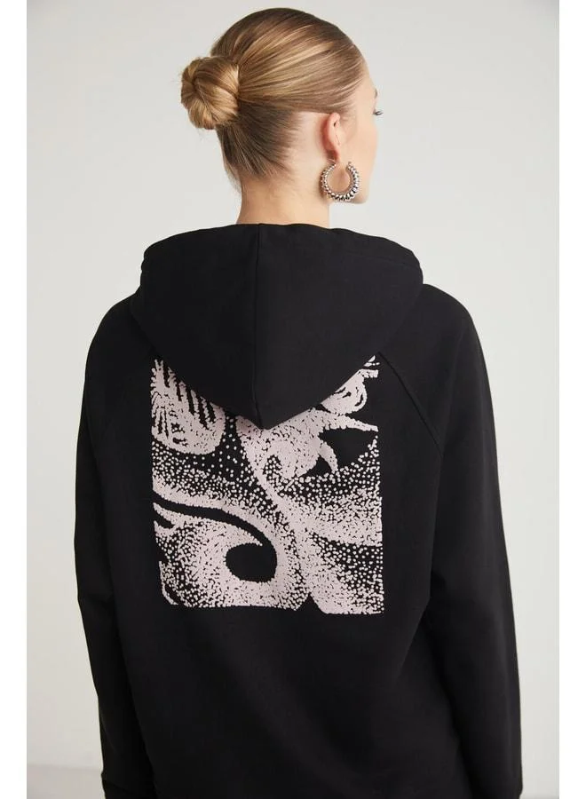 Ethiquet GLACE Women's Front and Back Print Detailed Hooded Regular Fit Standard Black Sweatshirt.
