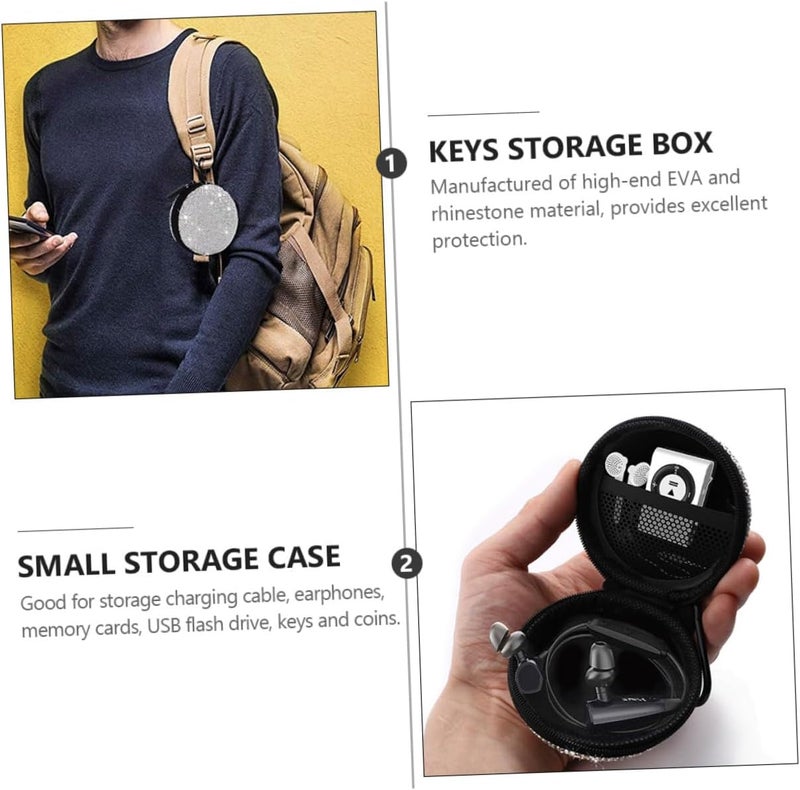 Healifty Silver Rhinestone Earphone Storage Bag Compact Travel Case with Carabiner Shockproof Mesh Organizer for USB Cables Earbuds Headphones Suitable for Hiking Biking Shopping - Image 3